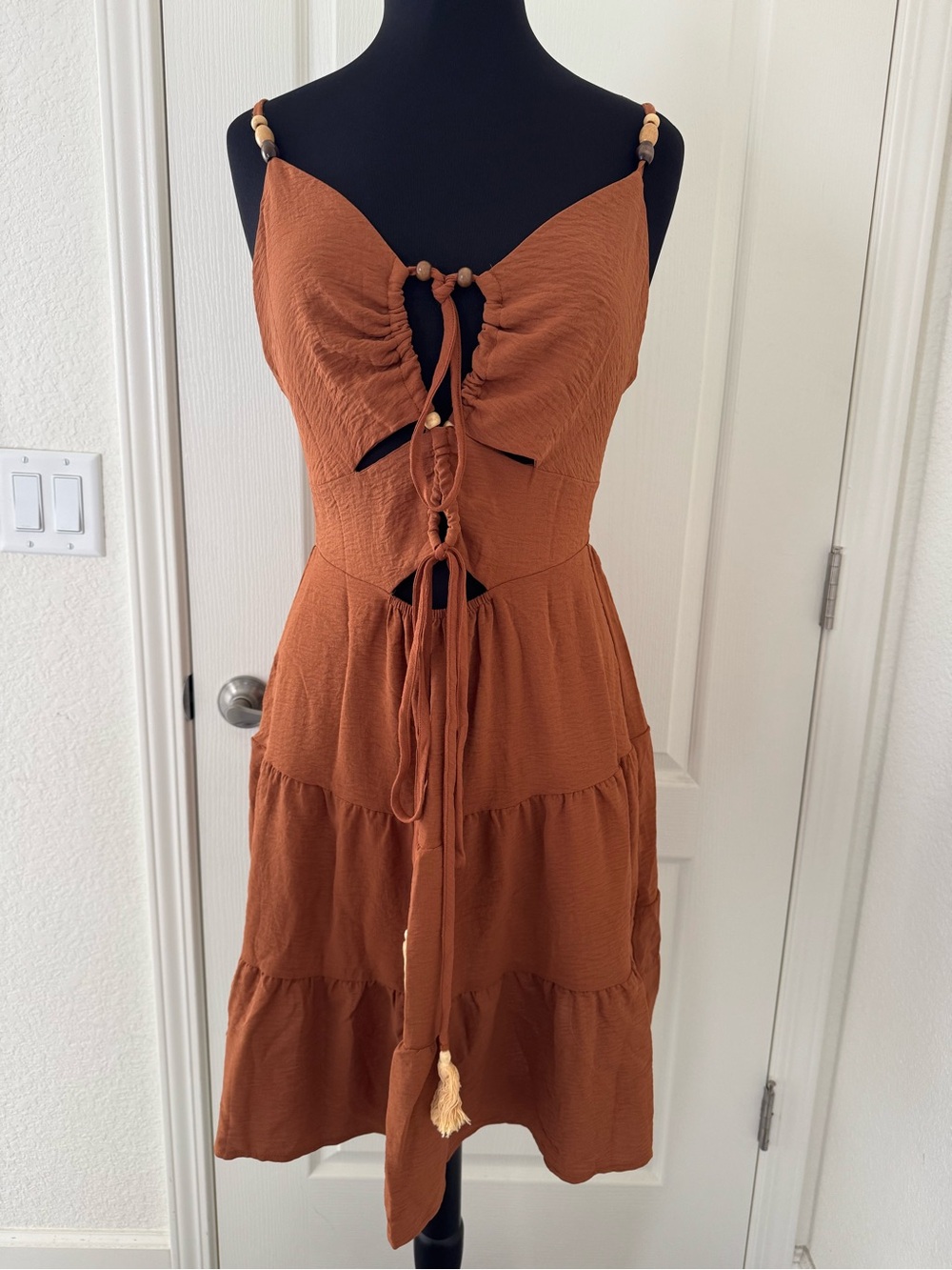 Cupshe Rust-Tone Tiered Midi Dress with Front Tie and Wooden Bead Straps